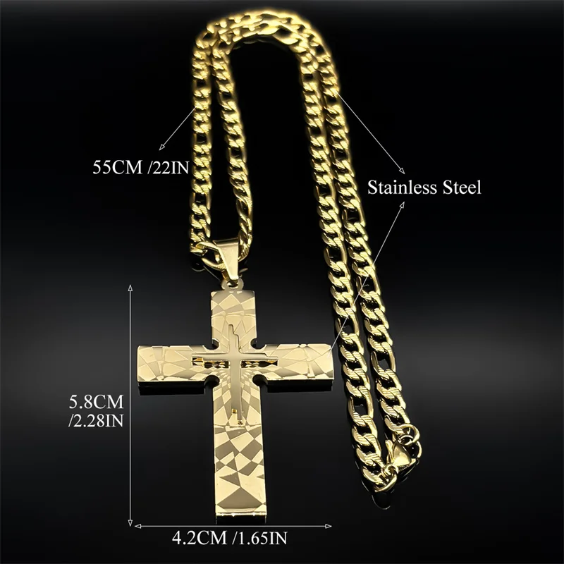Punk Big Jesus Cross Necklace for Men Women Stainless Steel Gold Silver Color Figaro Chain Biker Jewelry Boy Friend Gift Jewelry image 6