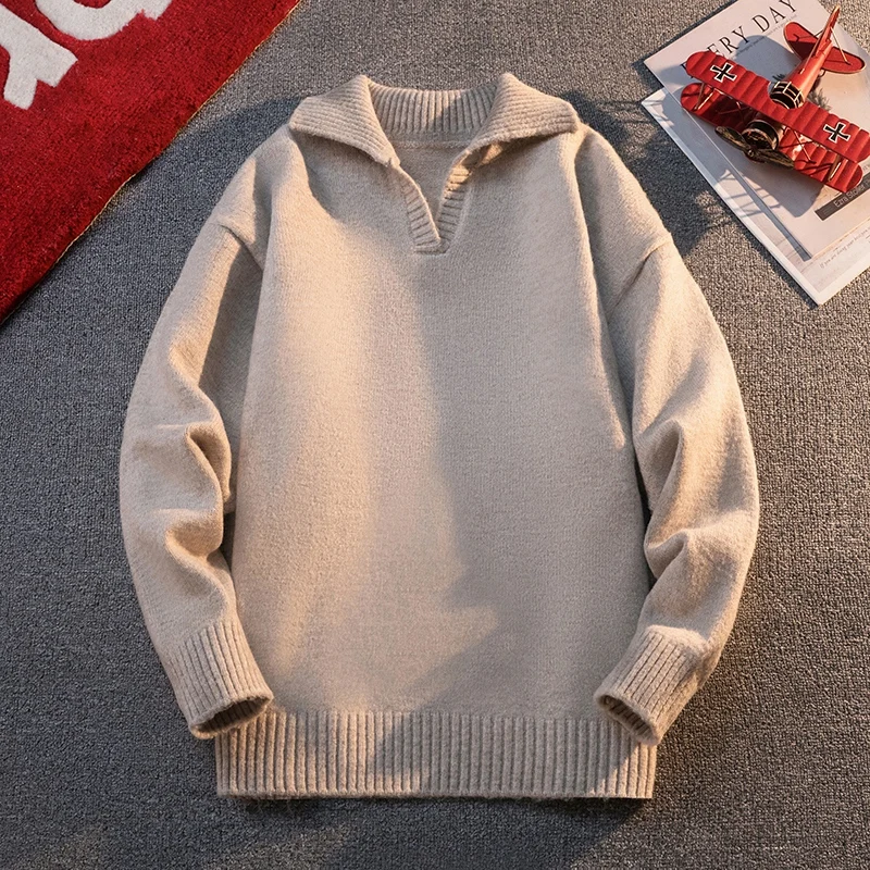 

Мужской вязаный свитер свободного кроя на осень-зиму, утепленный, в стиле ретро, повседневный, с воротником, шерстяной пуловер, модный городской стиль