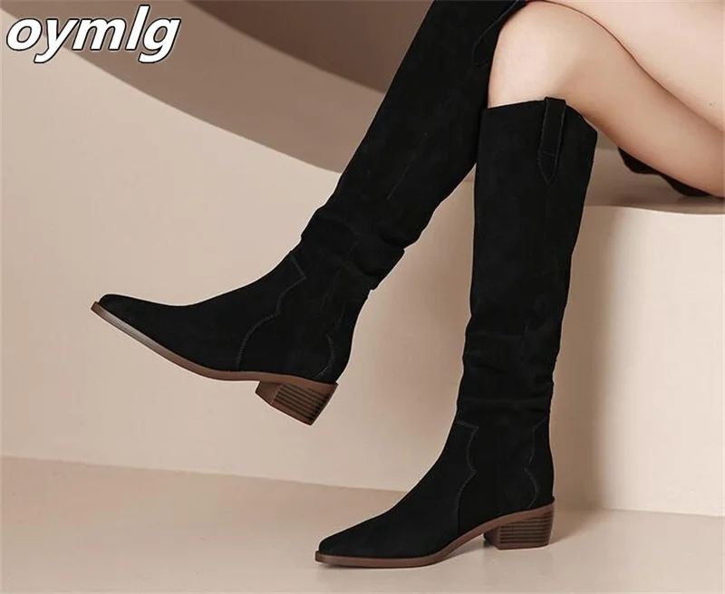 Knight Boots Women\'s 2023 Coarse Heels Autumn/Winter Western Boots High Sleeve Thin Retro Slim Wrinkle Stacked Boots Long Boots