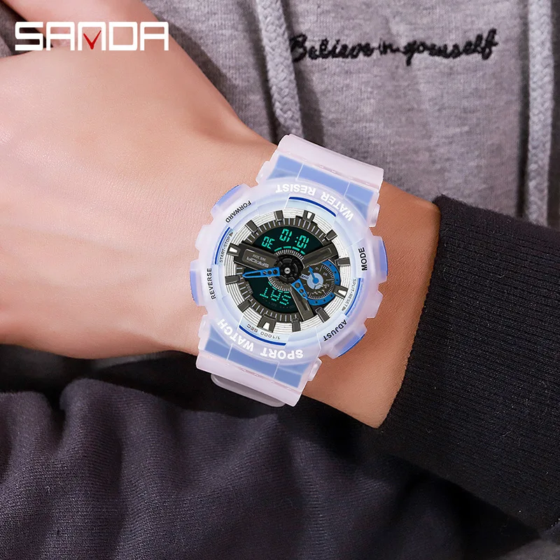 SANDA 3029 reloj electrónico de moda para hombre, caja fluorescente creativa luminosa, reloj despertador resistente al agua, relojes deportivos informales para hombre