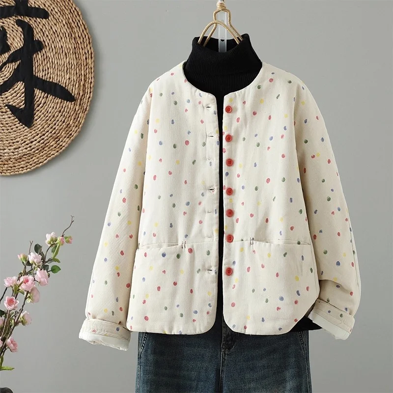 

Новинка 2025 года, хлопковая куртка с волнистым принтом в горошек в стиле ретро, повседневное толстое стеганое пальто в китайском стиле для женщин, короткая верхняя одежда w794