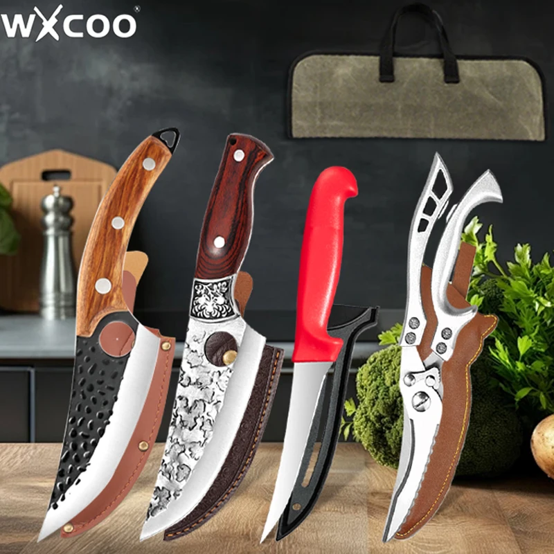 WXCOO Küchenmesser Handgeschmiedetes Metzgermesser Edelstahl Kochmesser BBQ Kochmesser Fleischbeil Schere Küchenzubehör