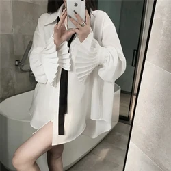 White Long Sleeve Shirt Women Flared Sleeve Elegant Chic Loose Tops Bf Korean Casual Fashion Preppy Style Y2K Tie Blouse New