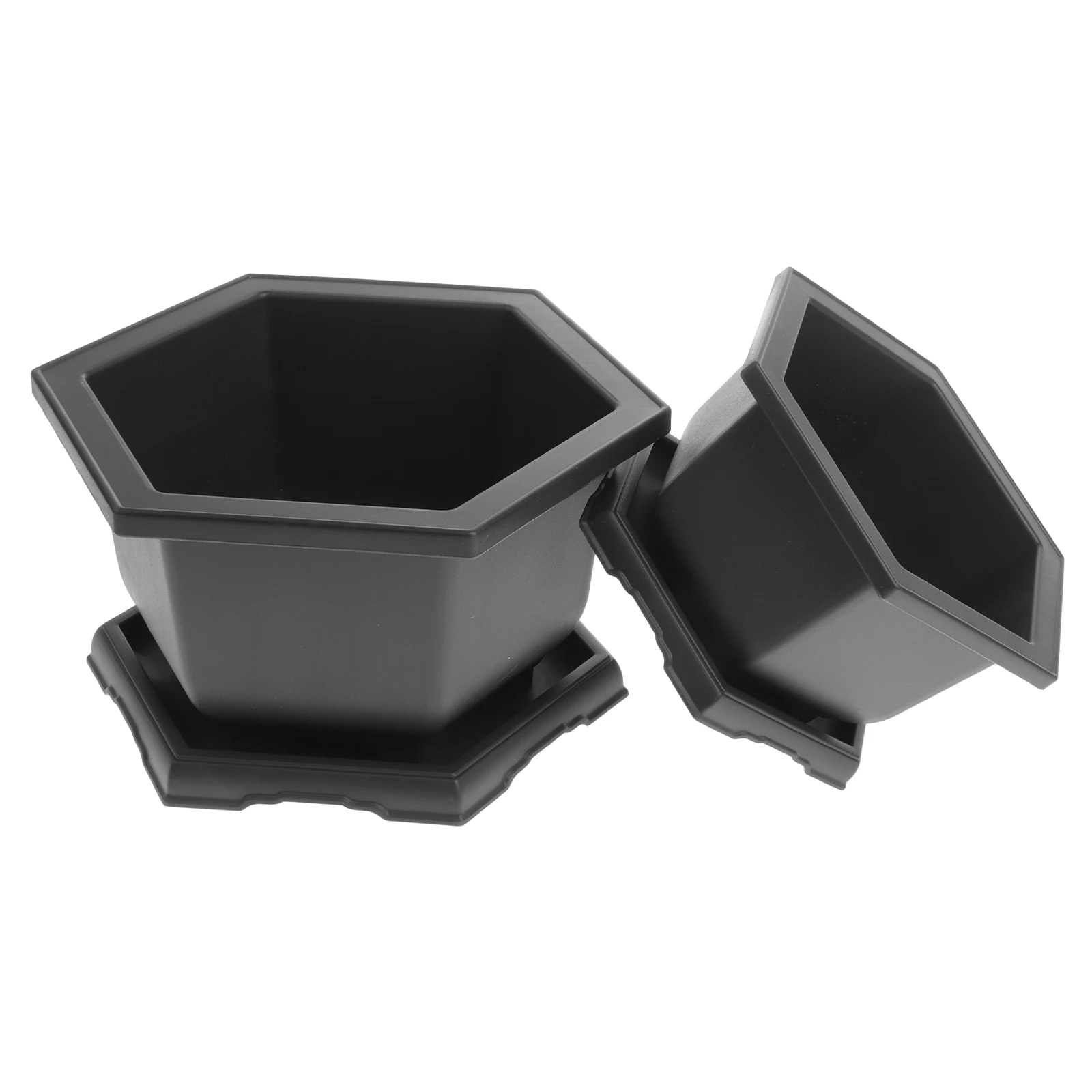 

2 set Mini Cactus Plant Pots Plastic Flowerpot Dark Grey PP Material Six Sided Shape With Tray For Succulents Decorative