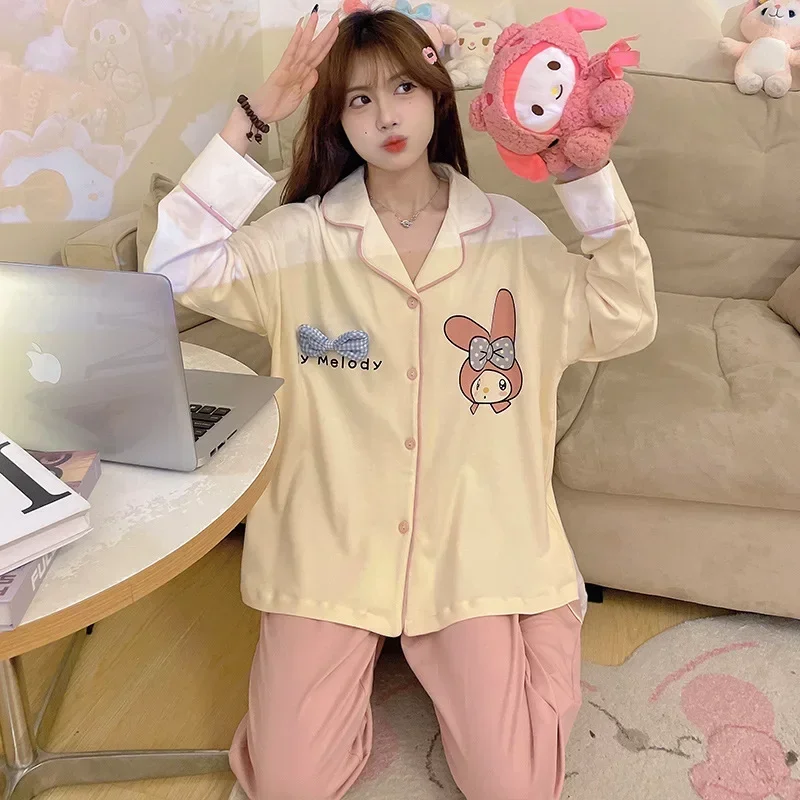 Sanrio Melody autumn pure cotton long-sleeved trousers cartoon two-piece set women's pajamas silk pajamas women's loungewear set