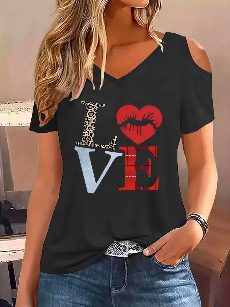 Modisches T-Shirt mit Liebesmotiv, V-Ausschnitt, kurzen Ärmeln, grafischem V-Ausschnitt, schulterfreies T-Shirt, lässiges Oberteil, Sommerkleidung für Damen