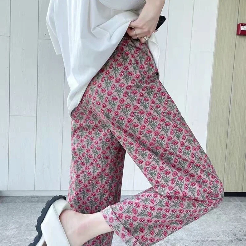 New Arrival 2026 Summer Floral Wide Leg Pants High Waist Vintage Beach Trousers Women Loose Comfort Pants