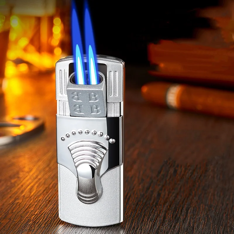 Portable Metal Windproof Double Jet Flame Butane Gas Cigar Lighter High Temperature Resistance Hidden Ignition Nozzle Lighter