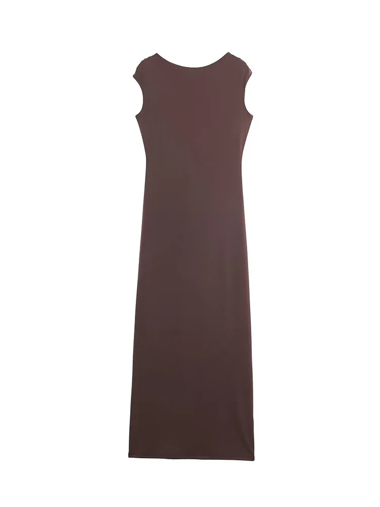 Hh nova mulher primavera moda em torno do pescoço sem mangas sexy sem costas corrente plissado decoração vestido longo feminino elegante vestido de festa