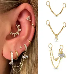 1PC Link Chain Ear Piercing Nose Hinged Earring Crown Round Zircon Pendant Conch Lobe Helix Tassel Piercing Chains Body Jewelry