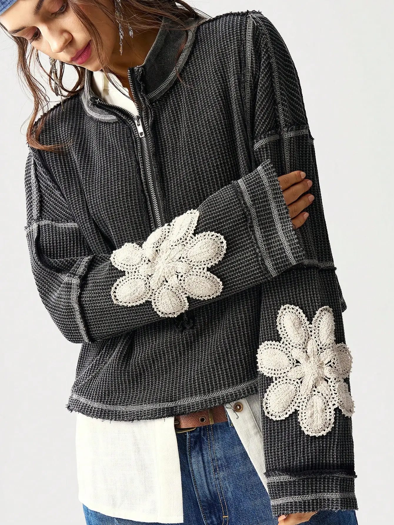 

Women's Loose Waffle Knit Sweatshirt with Crochet Flower Embellishment, Half Zip, Autumn Festival Wear