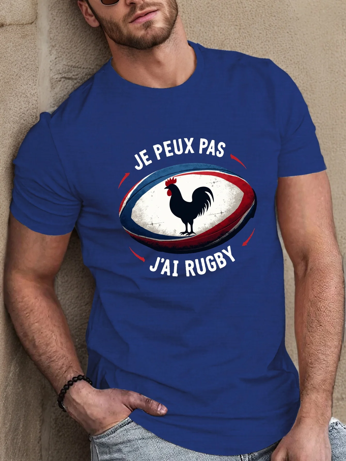 تي شيرت الرجبي الفرنسي للرجال، طباعة ممتعة أزرق ملكي، بلوزة صيفية خفيفة الوزن، ملابس غير رسمية لعشاق الرجبي تخفيضات كبيرة #4
