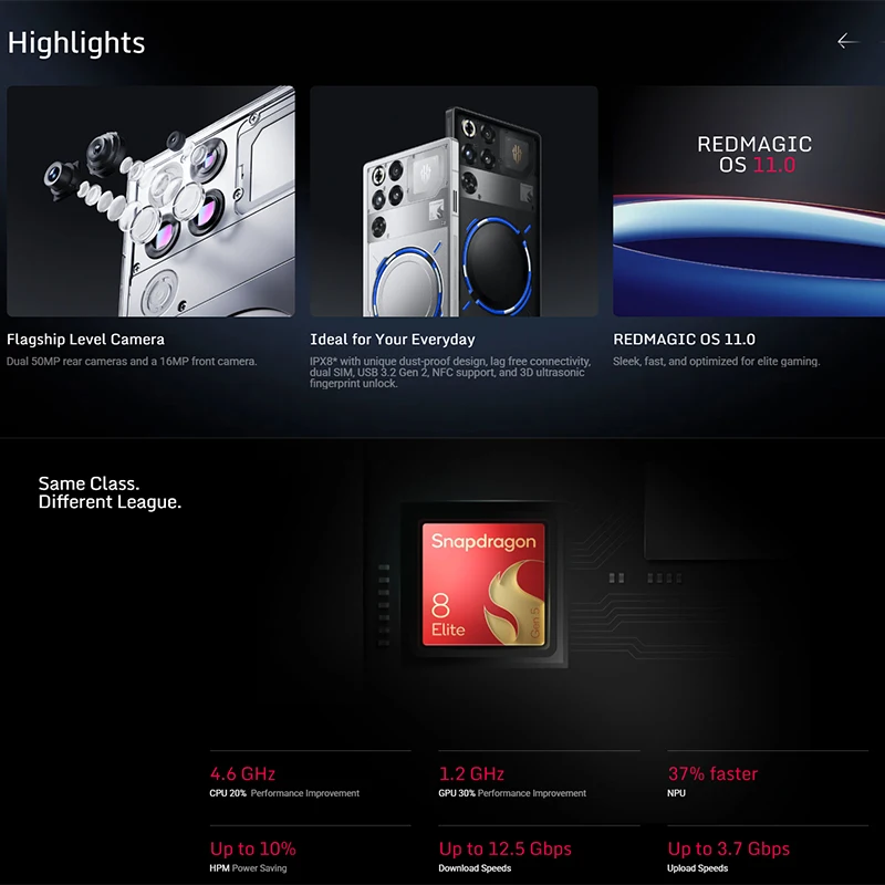 هاتف ألعاب RedMagic 11 Pro 5G الإصدار العالمي 6.85" معالج Snapdragon 8 Elite Gen 5، بطارية 7500mAh، كاميرا 50MP، دعم NFC