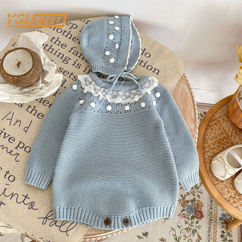 Kids Baby Girls Long Sleeve Solid Color Knit Jumpsuit Spring Infant Baby Girls Clothes Newborn Baby Girls Lace Rompers 0-3Yrs