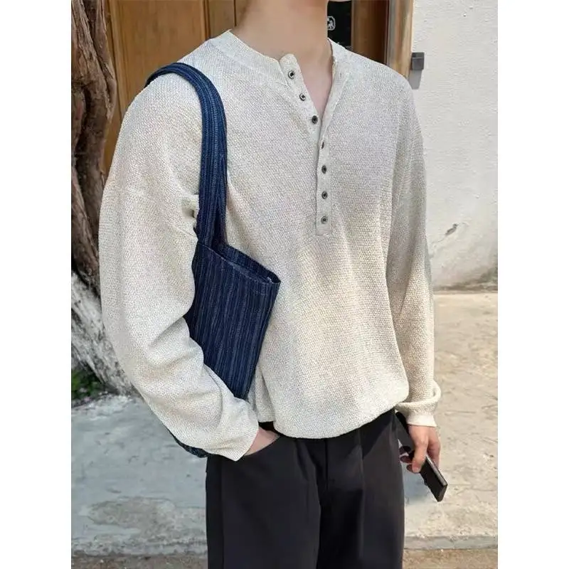 

Lightweight Breathable Linen Base Shirt Hollow Out Long Sleeve Henry Collar T-Shirt Men's Autumn Casual Polo Shirt