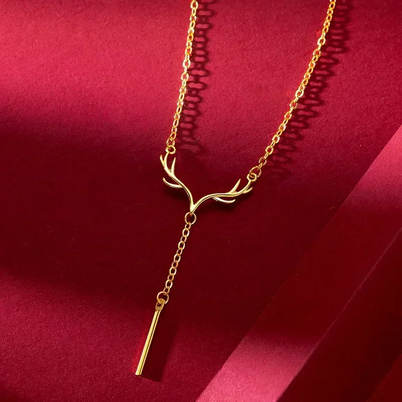 

9999 Real Gold 24K Fresh niche antler fringed necklace Christmas deer has you lady deer ear collarbone set chain