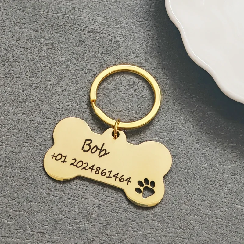Carved Pet Name Pendant Bone Keychain Personalized Stainless Steel Leather Hollow Dog ID TAG Cat Pendants DIY Women Jewelry Gift - view 3