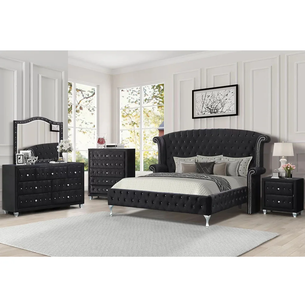 Velvet Luxury Furniture King Size Bed Frame Contemporary Upholstered King Size Bed with Night Tablespromote sales