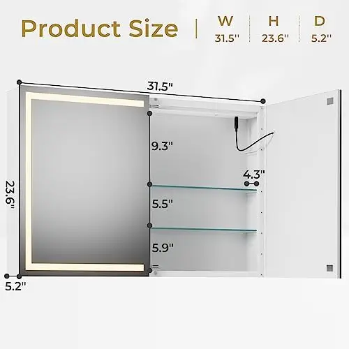Lighted Medicine Cabinet with Mirror, Wall Mounted Bathroom Mirror with Storage, 2 Doors Bathroom Wall Cabinet with LED view 3