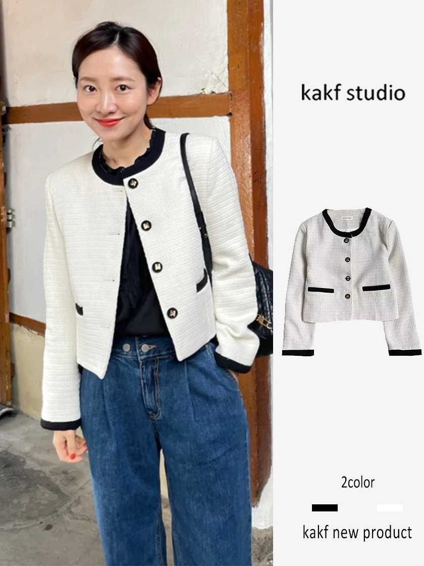 

ort Coat Jaet Women's Autumn Thin High-End Feeling Elegance Korean Sle Thi Tweed Stand Collar Top Button up Pure Color