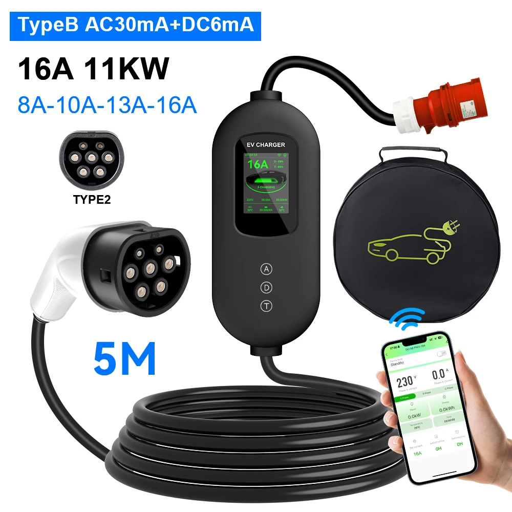 

Портативное зарядное устройство для электромобилей, 11 кВт, 16 А, тип 2, разъем CEE с регулируемым током, IEC62196-2, зарядное устройство для электромобиля, кабель 5 м с управлением через приложение