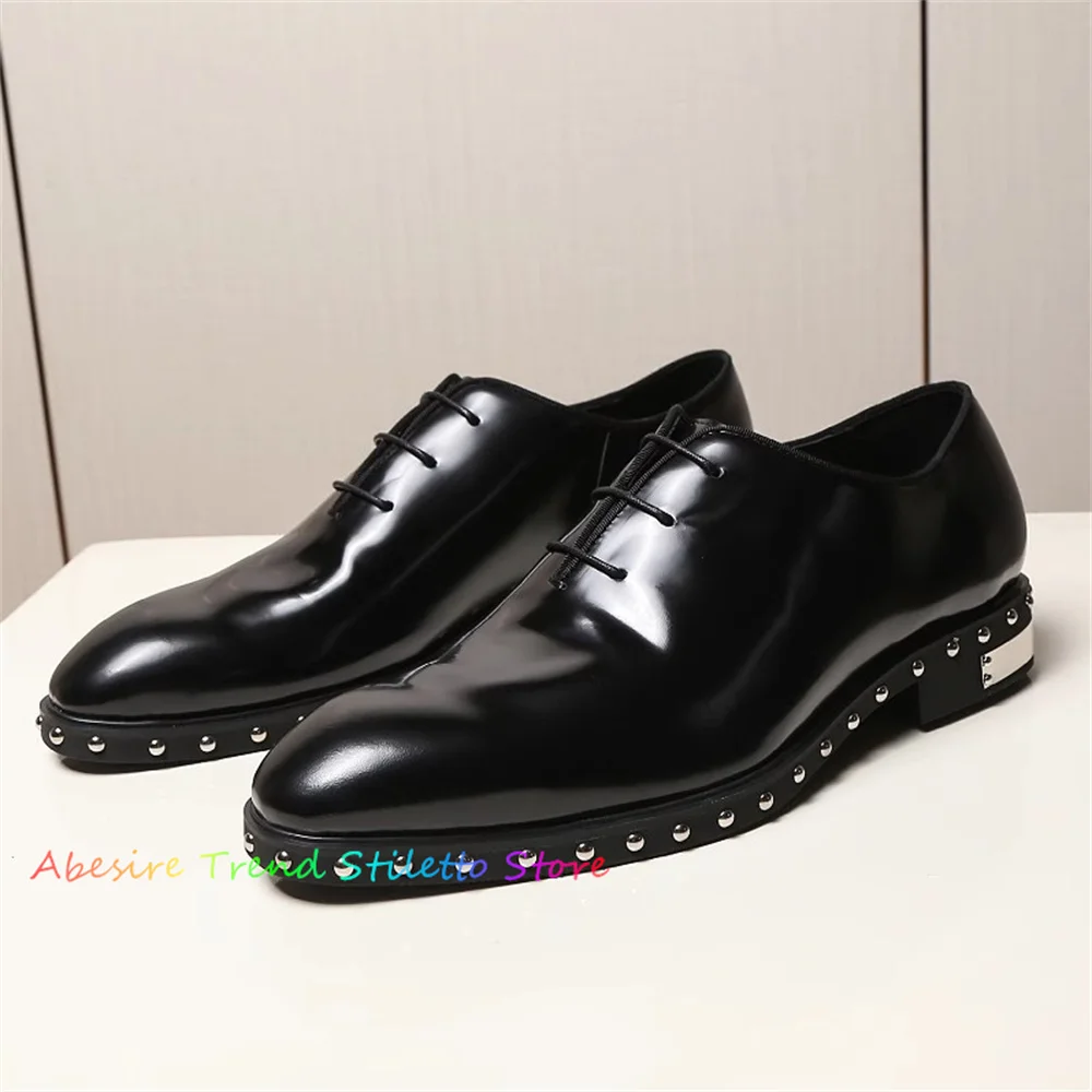 

Riveted Leather Shoes For Men Handmade Genuine Leather Metal Low Heel Lace Up Luxury Banquet Wedding Business Shoes Loafers