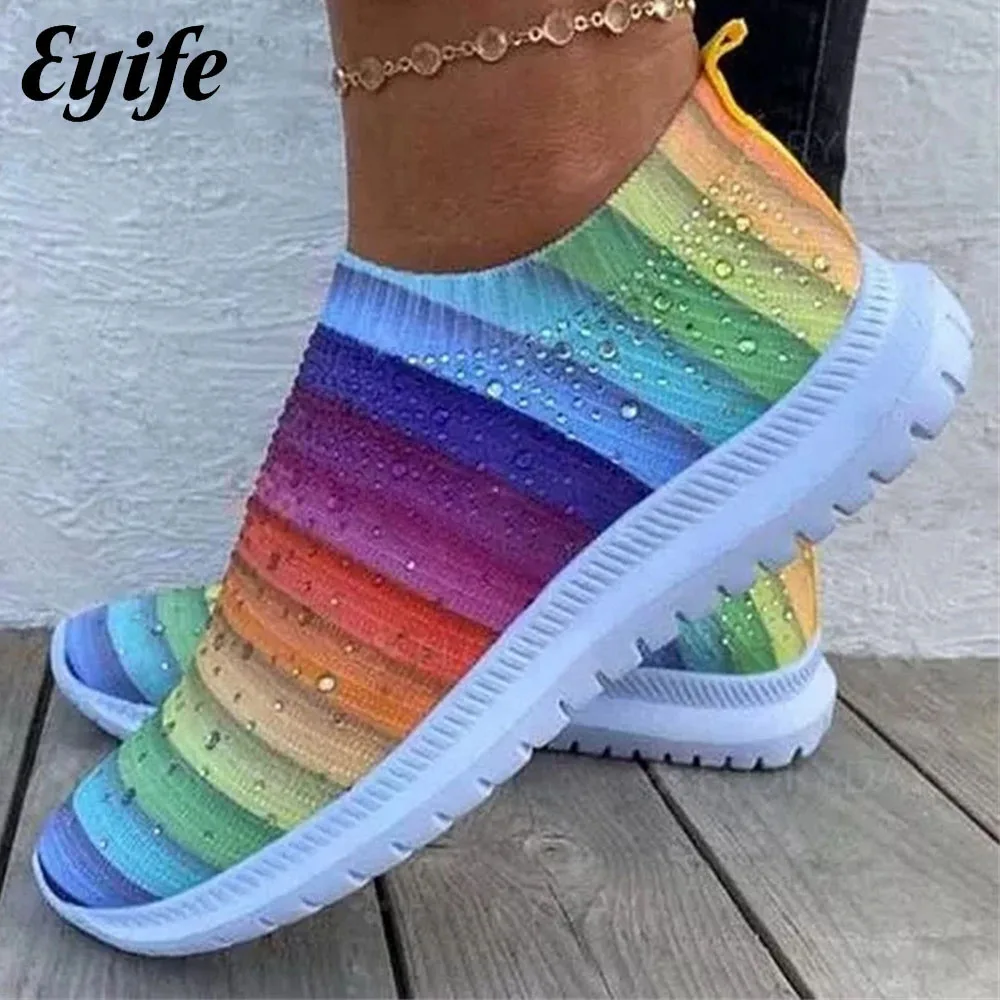 Women's Rhinestone Sneakers 2025 Spring New Rainbow Color Ladies Breathable Slip On Comfy Loafers Running Walking Casual Flats