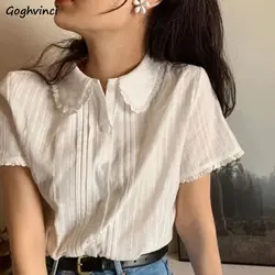 Shirts Women Kawaii Peter Pan Collar Preppy Style Chic Folds Design Summer Leisure Schoolgirls Pure Simple Loose All-match Daily