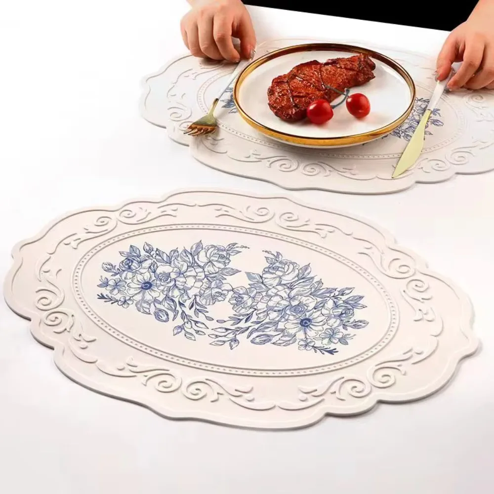 

Silicone Oval Round Placemat Flower Embossed Large Lace Tablemat Non-Slip Korea Platter Mat Dining Dinner Tableware Cup Coasters