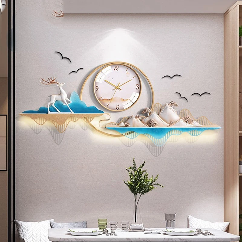 Living room lamp wall clock new Chinese large creative clock porch home decorative clock plug-in mute wall table