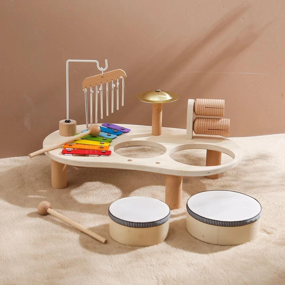 

Hot selling Montessori Early educational cultivation wooden musical table percussion instrument Five-in-one toys Drum Children