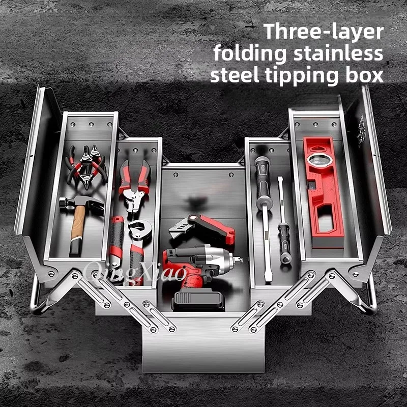 Stainless Steel Toolbox Multi-Layer Folding Heavy Duty Storage Box, Robust Carry Handle for Home Garage Workshop DIY Hand Tools