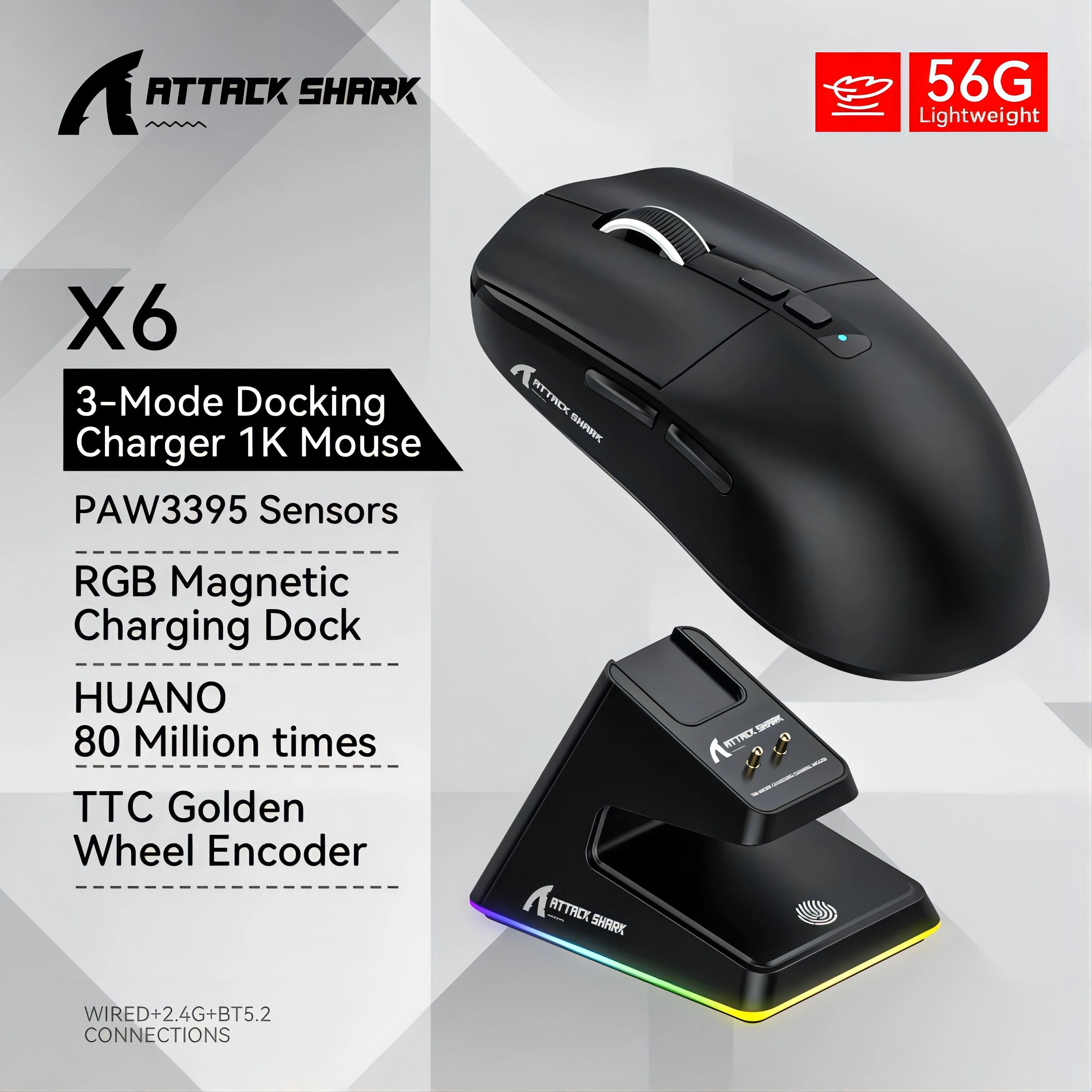 Imagem -02 - Ataque Tubarão x6 Tri-mode Conexão Bluetooth Mouse Rgb Touch Base de Carregamento Magnético Macro Gaming Mouse Paw3395