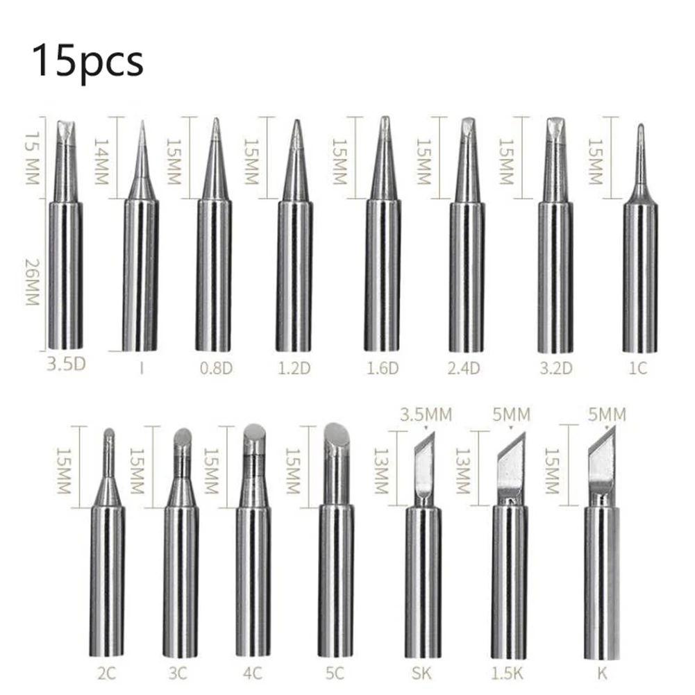 15PCS Lead-Free Soldering IronTip Soldering Iron Head For Welding 1C/2C/3C/4C/5C/SK/1.5K/K/3.5D/3.2D/2.4D/1.6D/1.2D/0.8D/I