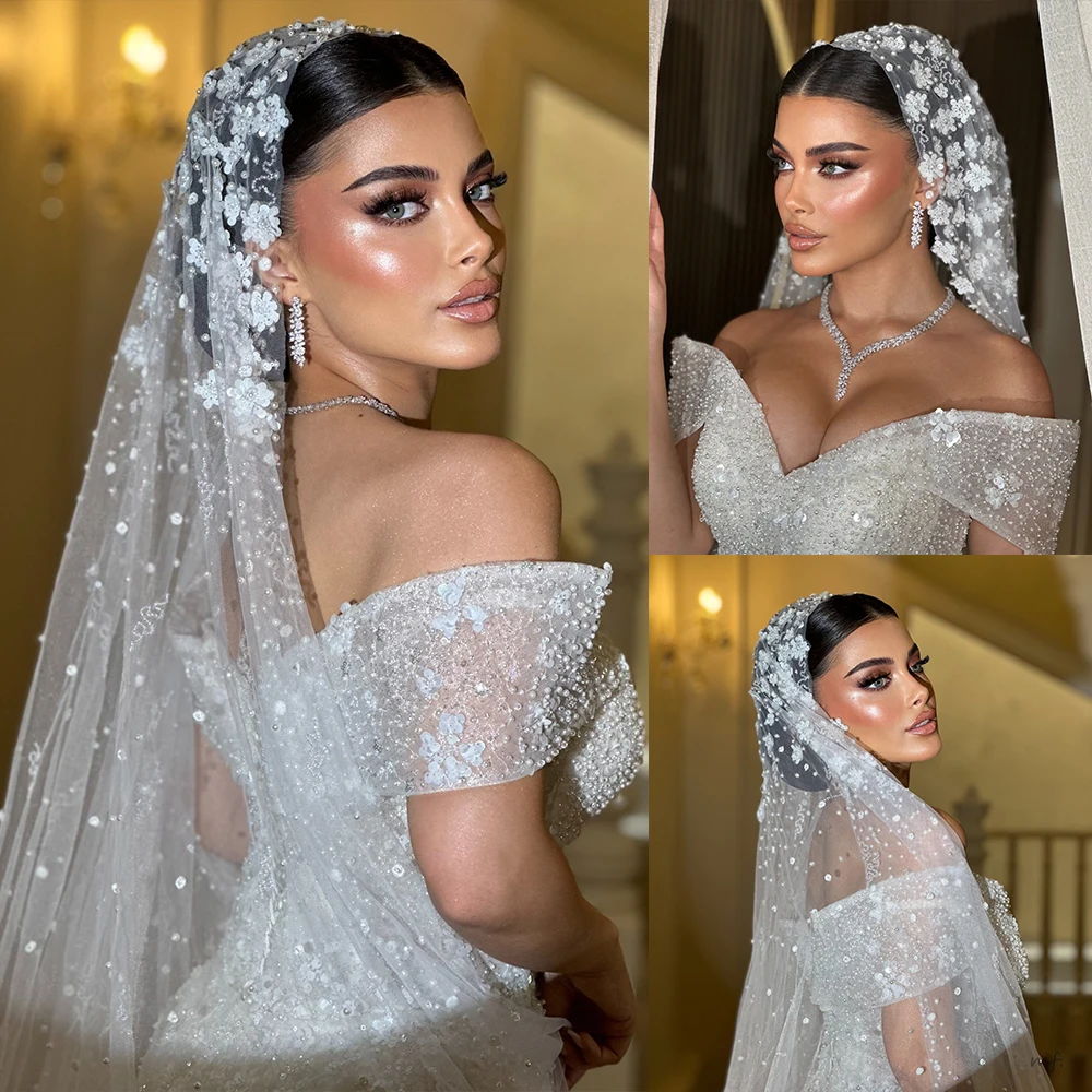 

Exquisite Wedding Veil Pearls Sequins Flowers Long Special Cut Royal Bridal Veil with Comb Wedding Accessories Customized