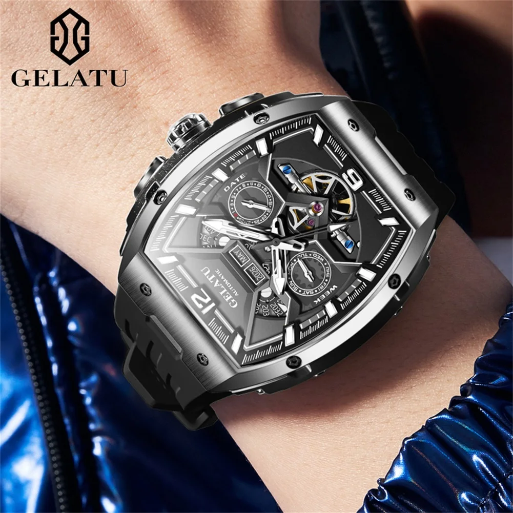 GELATU 6013 Auto Date Mechanical Watch For Men Hollow Skeleton Big Dial Silicone Strap Hand Clock Waterproof Original Man Watch