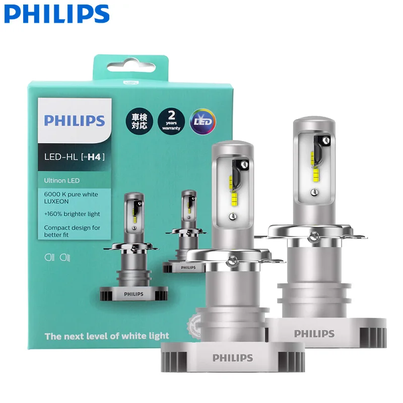 

Philips LED H4 9003 Ultinon LED Auto Hi/lo Beam 6000K Cool White Light +160% Brighter Headlight Compact Design 11342ULX2, Pair