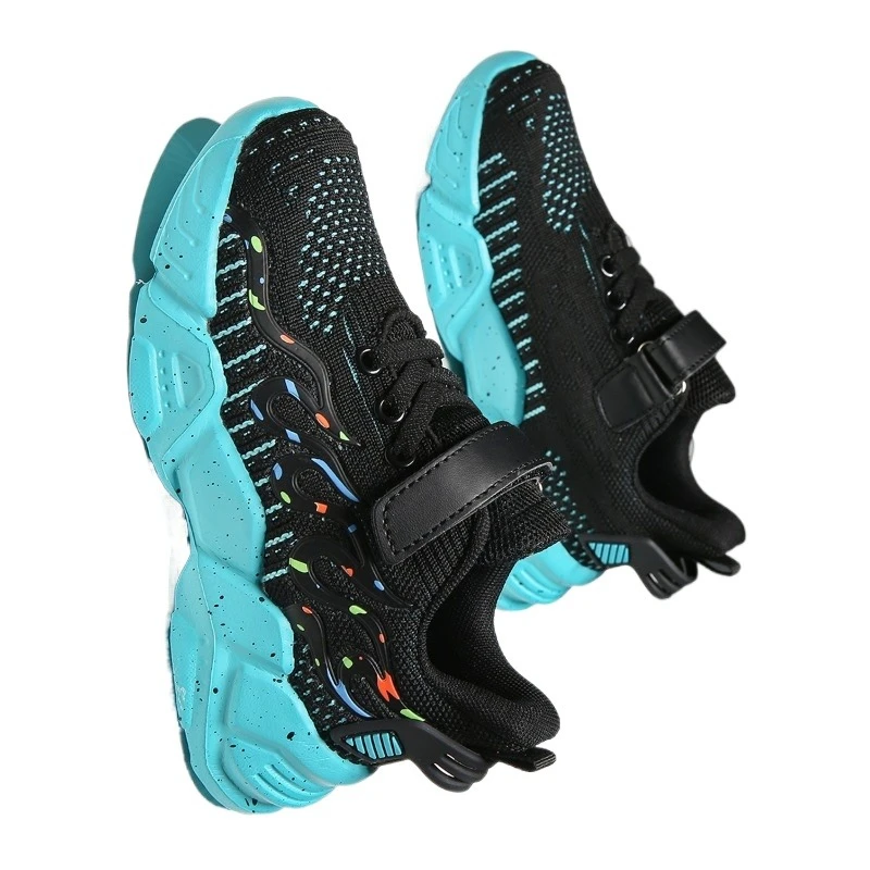 

Кроссовки, модная детская спортивная обувь с пламенем, дышащая сетчатая поверхность, летающая тканая обувь для больших детей, износостойкая, нескользящая