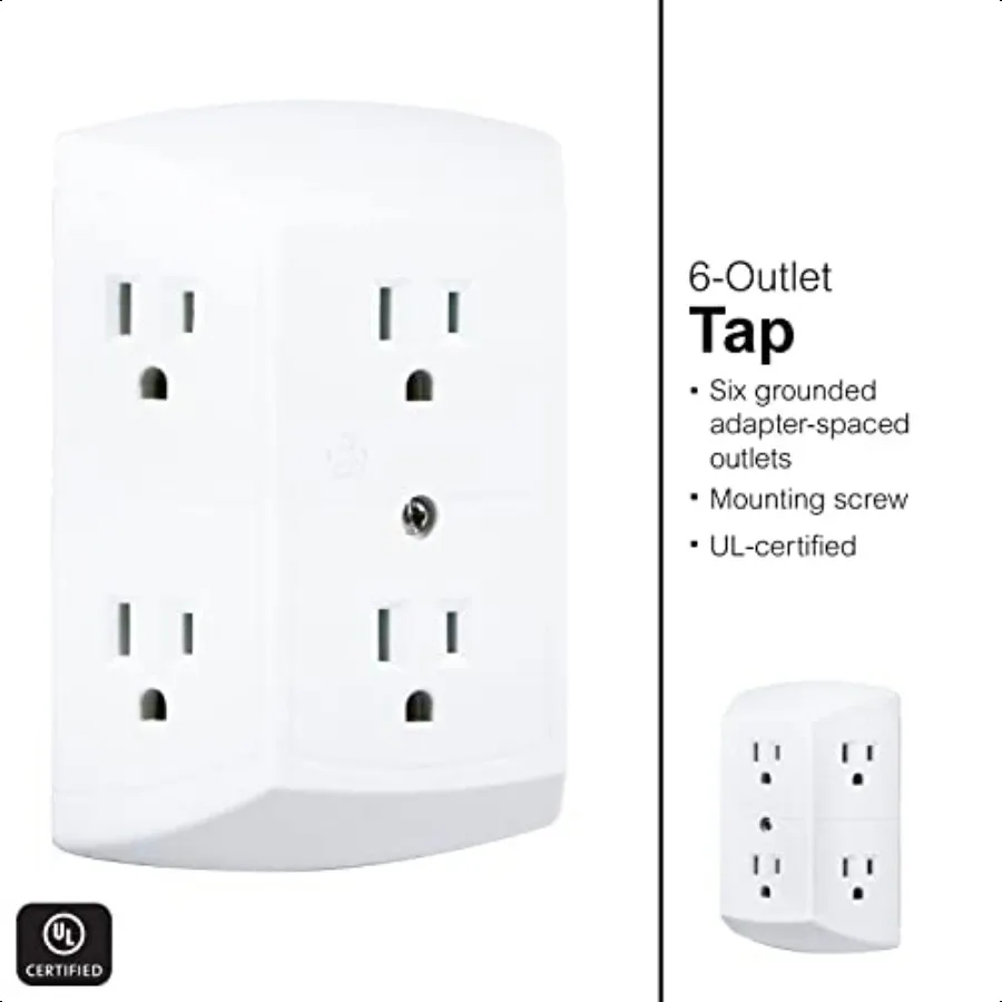 GE 6Outlet Extender 2 Pack محول الحنفية الجدارية المؤرضة منافذ متباعدة 3Prong منفذ الفاصل قابس متعدد سريع وسهل التركيب