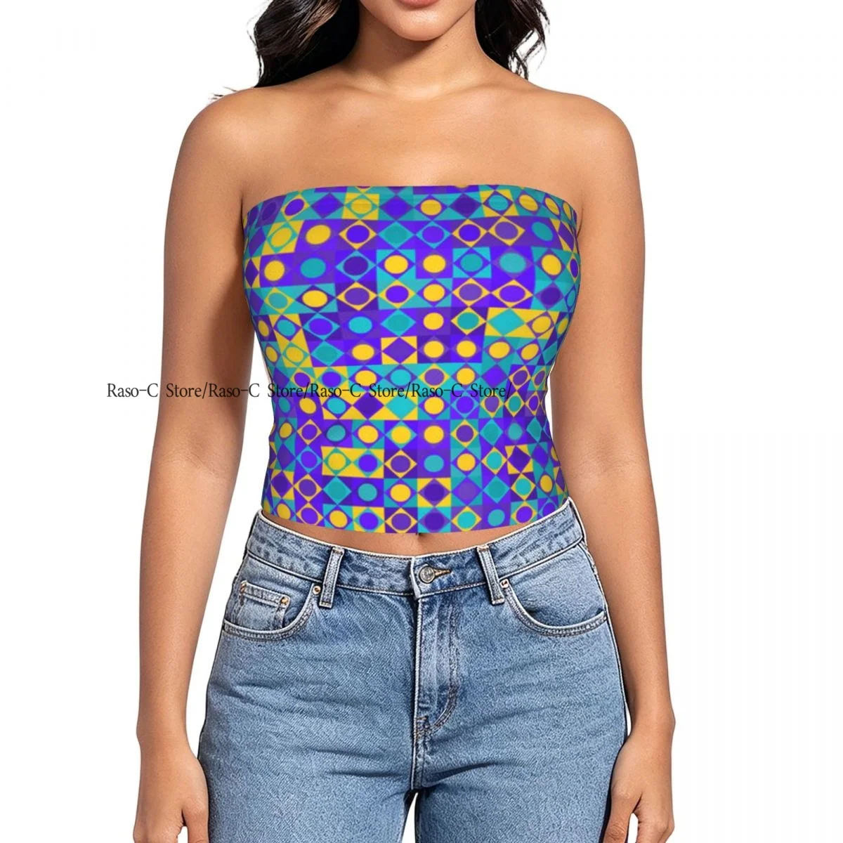Women Block Crop Slim Tube Top Circles Squares And Triangles Mosaic With Dots Strapless Top For Summer Female Clothing