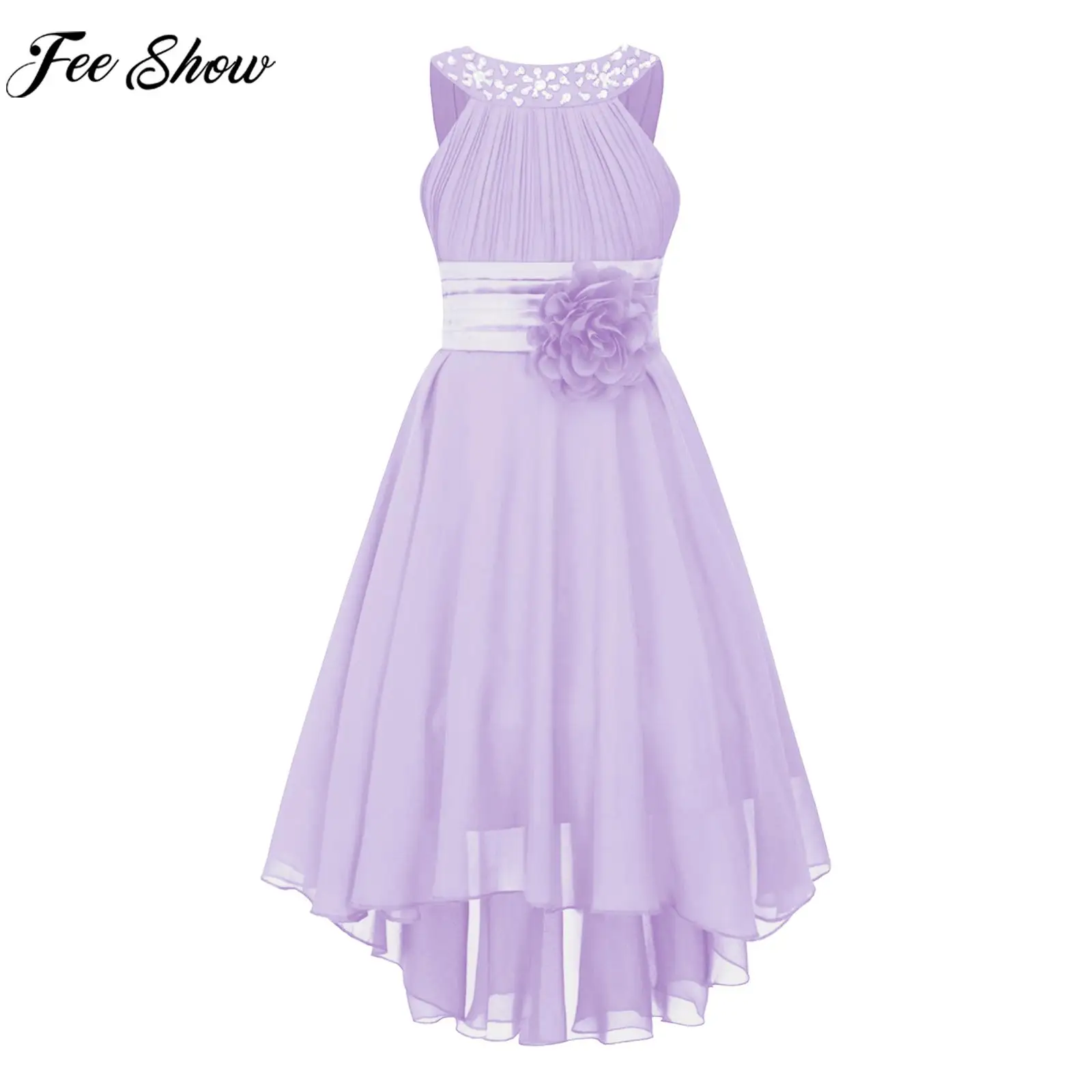 Summer Girls Flower Princess Dress Wedding Bridesmaid Costume Sleeveless Beaded Hi-low Hem Chiffon Evening Birthday Party Dress