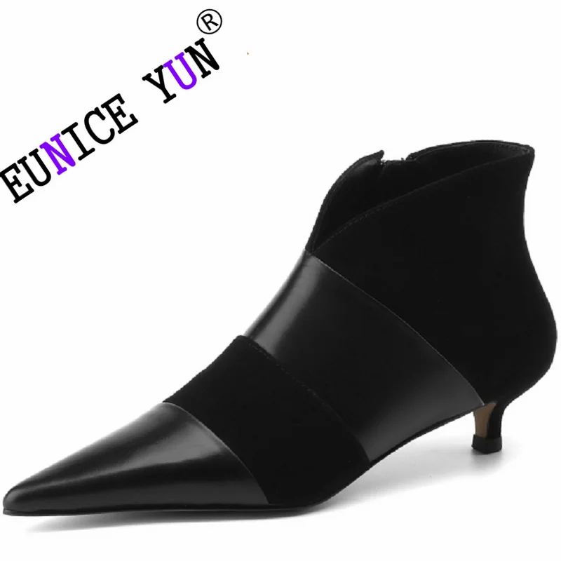 

【EUNICE YUN】Spring/Autumn Women Brand Genuine Leather Pointed Toe High Heel Sheep Suede Ankle Boots for Solid Elegant Modern