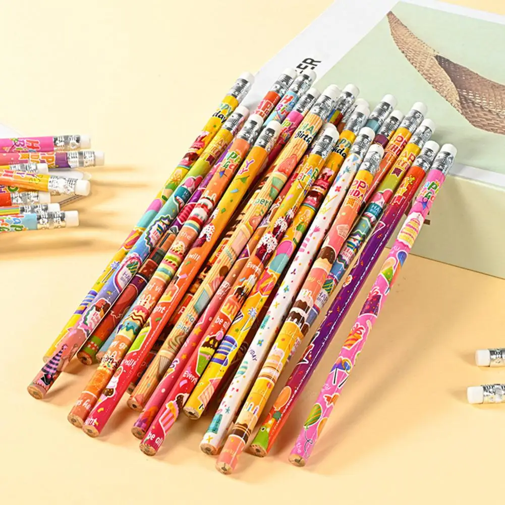 24Pcs 18.7cm Happy Birthday Pencils Wooden Pencils Top Erasers Students Art Crafts For Kids Birthday Party Supplies And Gifts