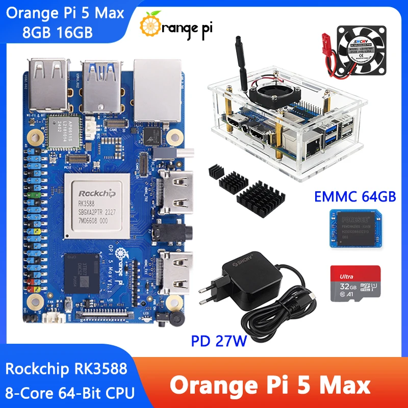 Orange Pi 5 Max 8GB 16GB RAM Rockchip RK3588 مجلس التنمية M.2 PCIE 2.5G LAN WiFi6 + BT5 اختياري حالة إمدادات الطاقة EMMC