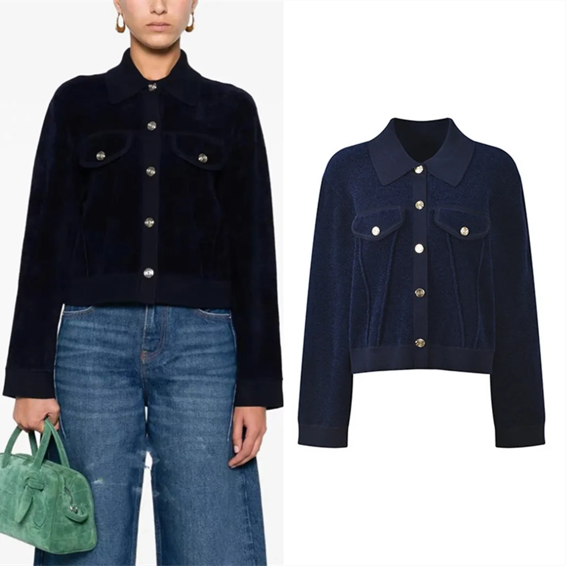 

High-End Version Velvet Knitted ort Jaet Women's Faion Collar Casual Sle French Sle Ladies' Premium Quali Top