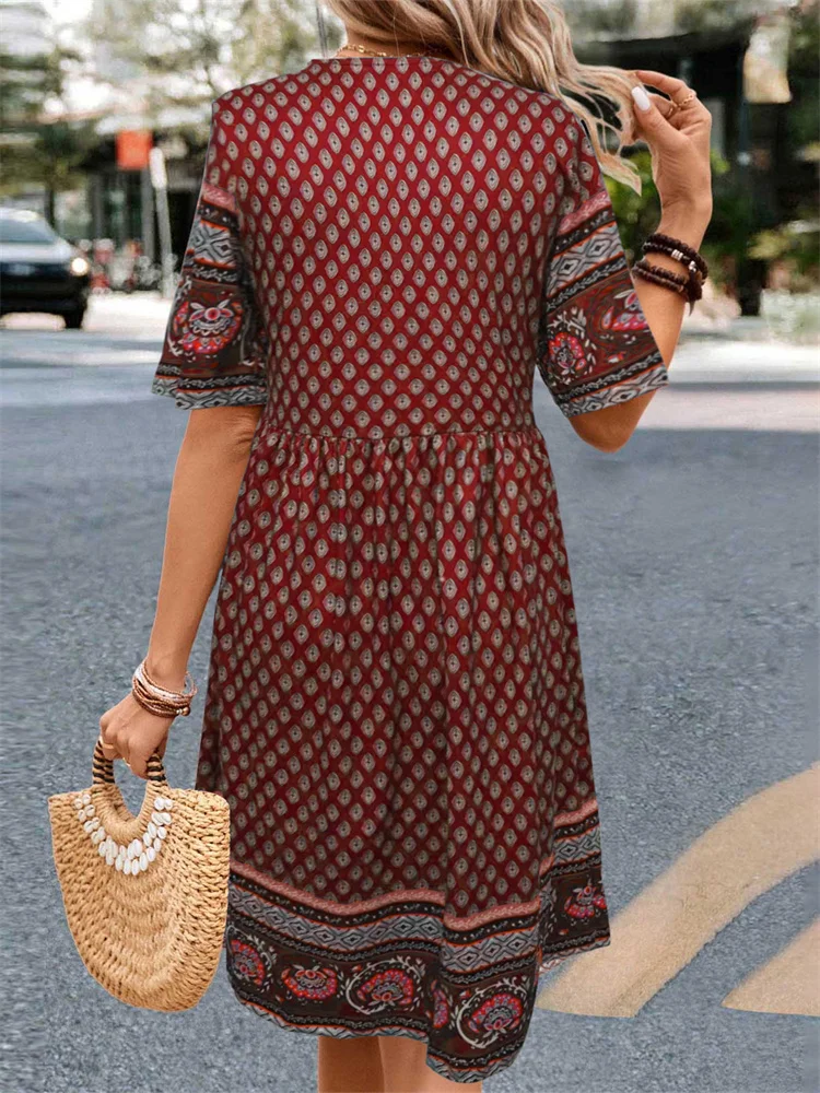 Kobiety w stylu Vintage etniczne Boho z nadrukiem luźna wakacyjna sukienka Midi na plażę lato V dekolt z krótkim rękawem z wysokim stanem eleganckie sukienki imprezowe