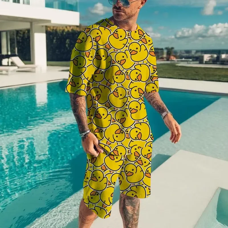 Cute duck 3D printed T-shirt shorts set for men's casual fashion loose short sleeved T-shirt pants set for men's lightweight