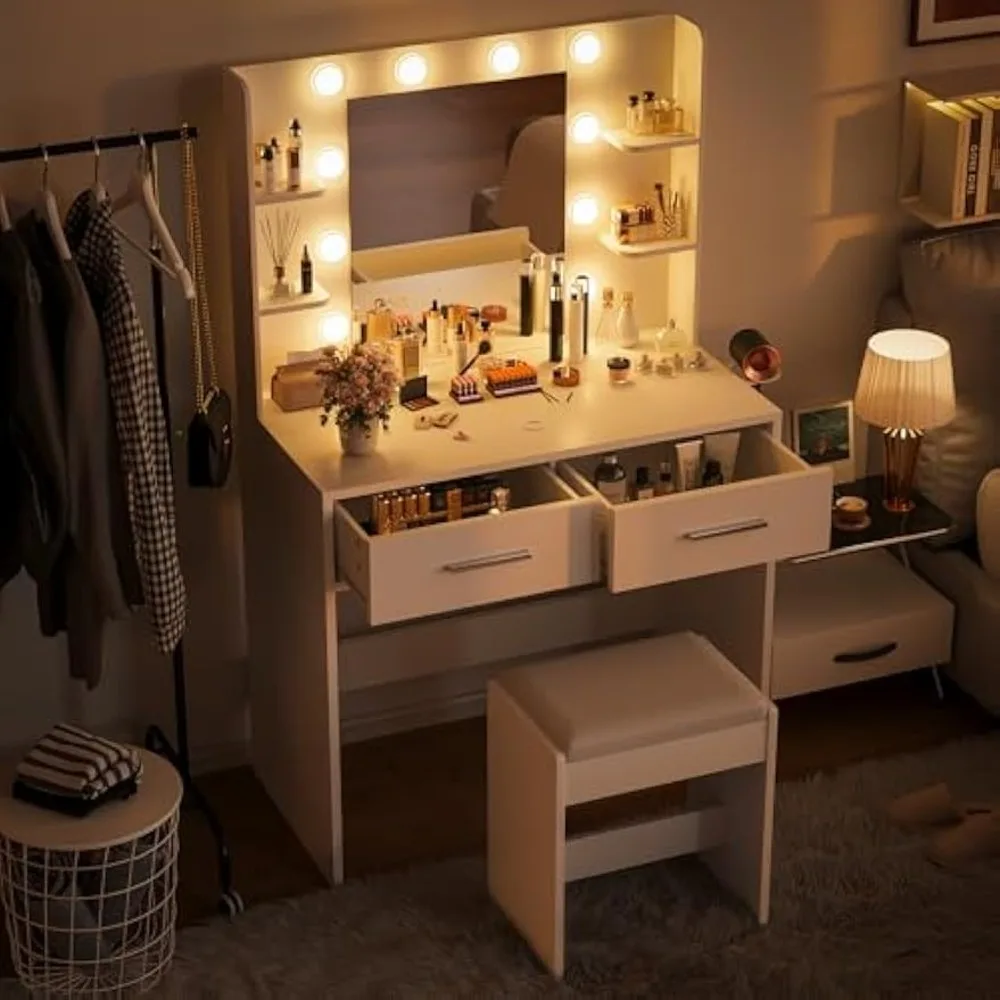 Makeup Dressing Table with Mirror and Power Socket, with 3 Color Light Options and Adjustable Brightness