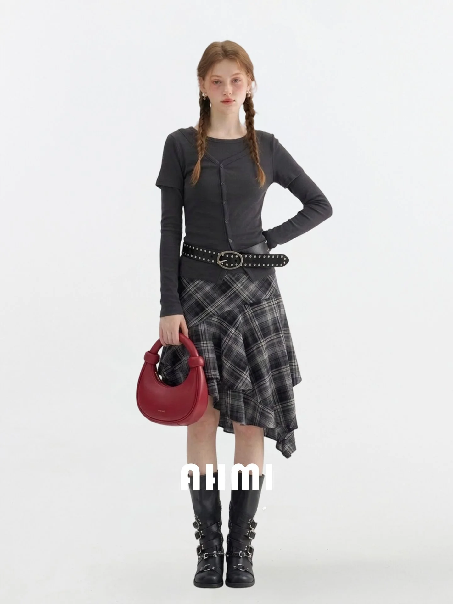 

AHMI Plaid Skirt Women's Asymmetrical Design High Waist Elastic Closure Casual Style Skin-friendly Breathable Polyester Fiber