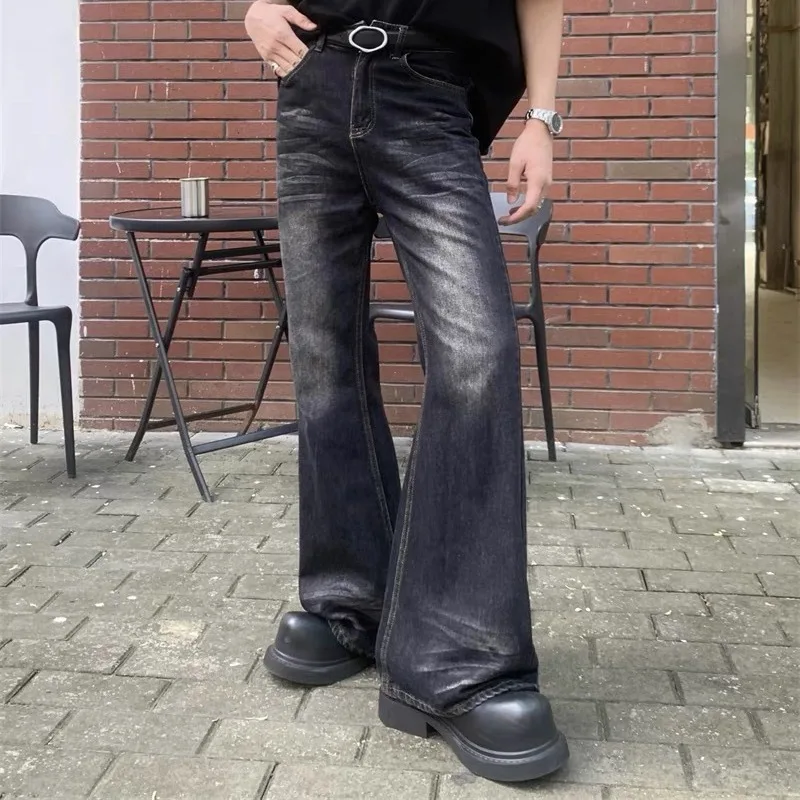 

Giant leg length retro fashion sense washed black micro flared pants male niche design sense jeans men ripped y2k jeans print